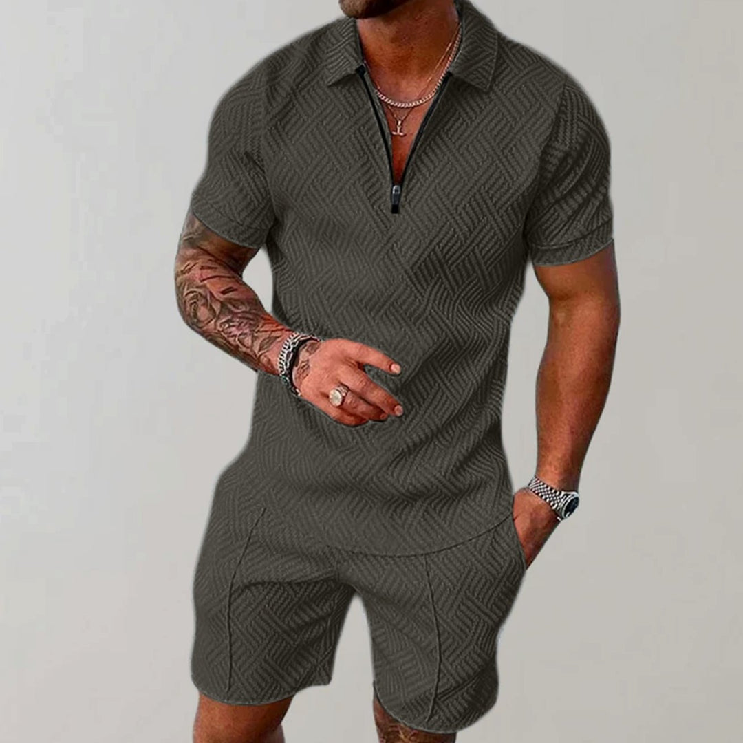 Herren Kurzarm-Reißverschluss-Poloshirt Shorts Set 2-teilig - Grün