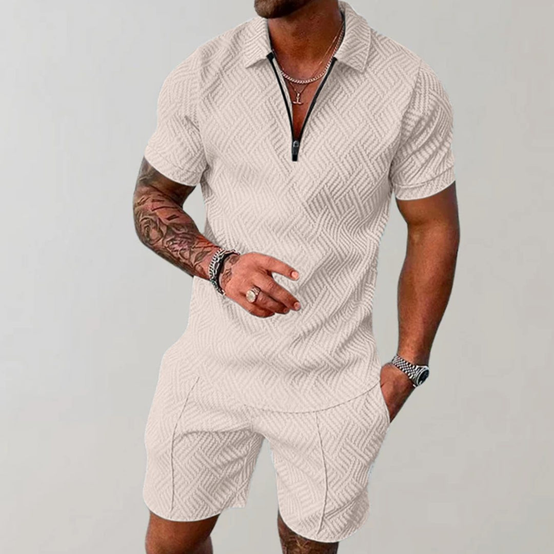 Herren Kurzarm-Reißverschluss-Poloshirt Shorts Set 2-teilig - Beige
