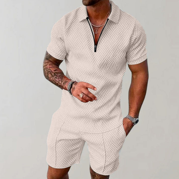 Herren Kurzarm-Reißverschluss-Poloshirt Shorts Set 2-teilig - Beige