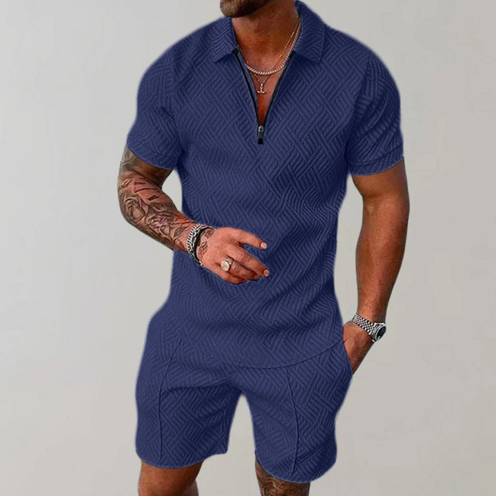 Herren Kurzarm-Reißverschluss-Poloshirt Shorts Set 2-teilig - Marineblau