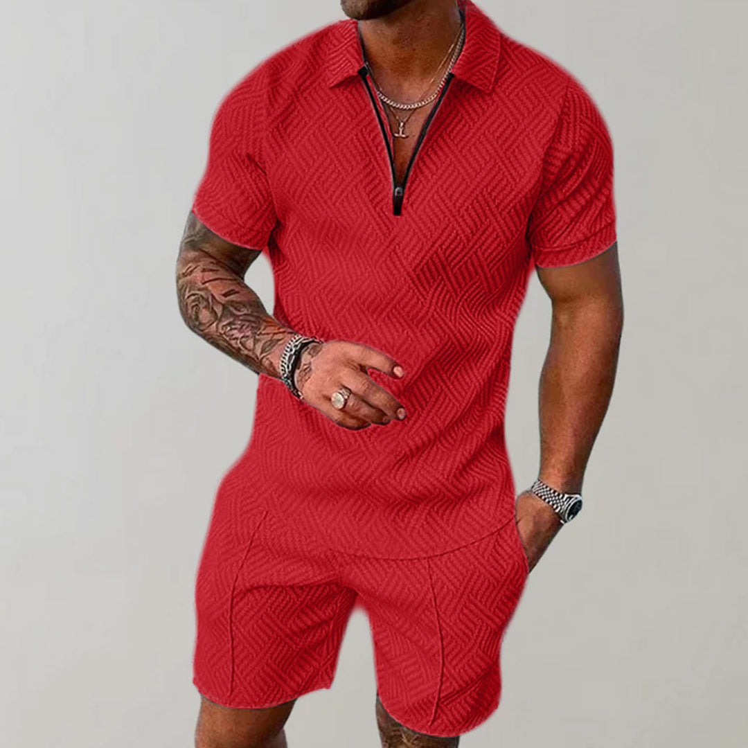 Herren Kurzarm-Reißverschluss-Poloshirt Shorts Set 2-teilig - Rot