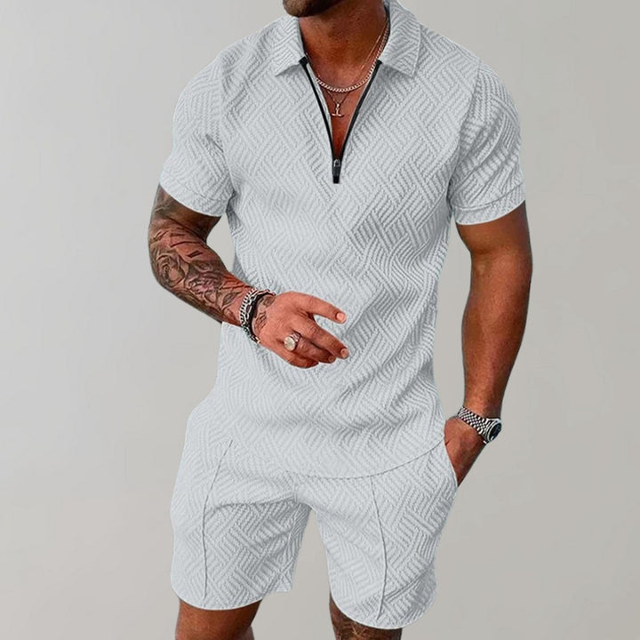 Herren Kurzarm-Reißverschluss-Poloshirt Shorts Set 2-teilig - Weiß