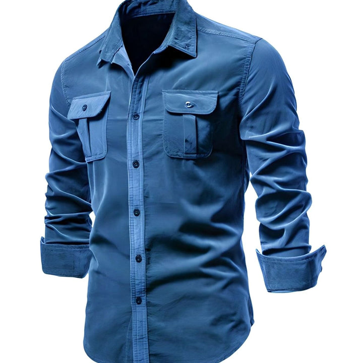 Herren Langarm-Freizeithemd mit Knopfleiste und Brusttaschen - Blau