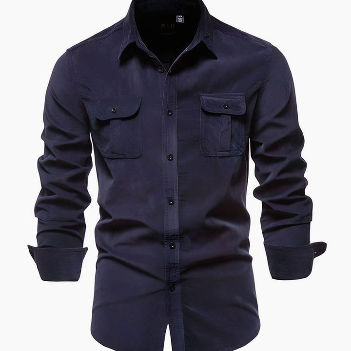 Herren Langarm-Freizeithemd mit Knopfleiste und Brusttaschen - Marineblau