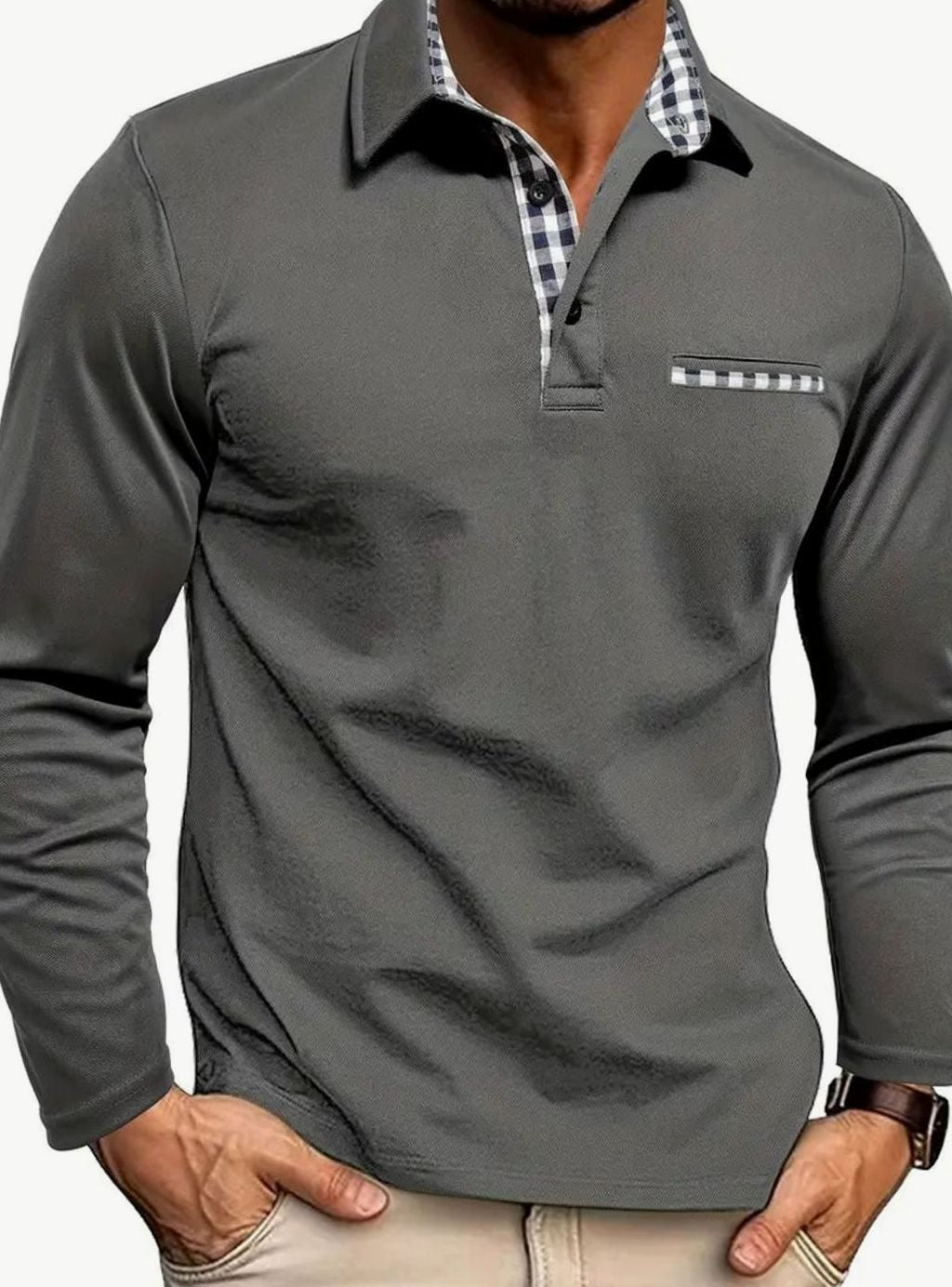Herren Langarm Polo-Shirt Karierter Kragen Brusttasche Winter - Grau