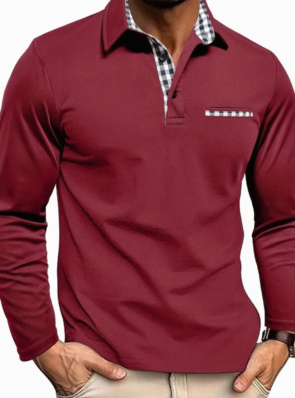 Herren Langarm Polo-Shirt Karierter Kragen Brusttasche Winter - Bordeauxrot