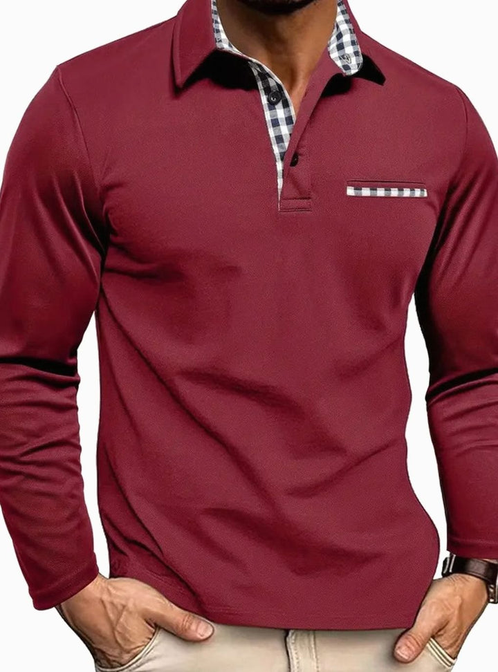 Herren Langarm Polo-Shirt Karierter Kragen Brusttasche Winter - Bordeauxrot
