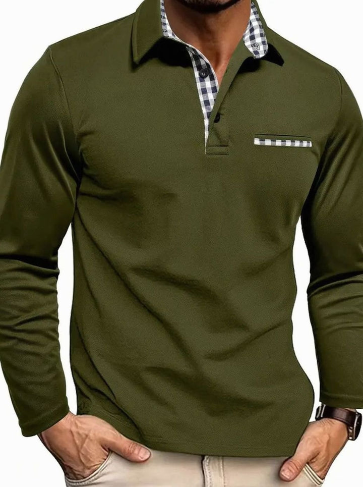 Herren Langarm Polo-Shirt Karierter Kragen Brusttasche Winter - Olivgrün