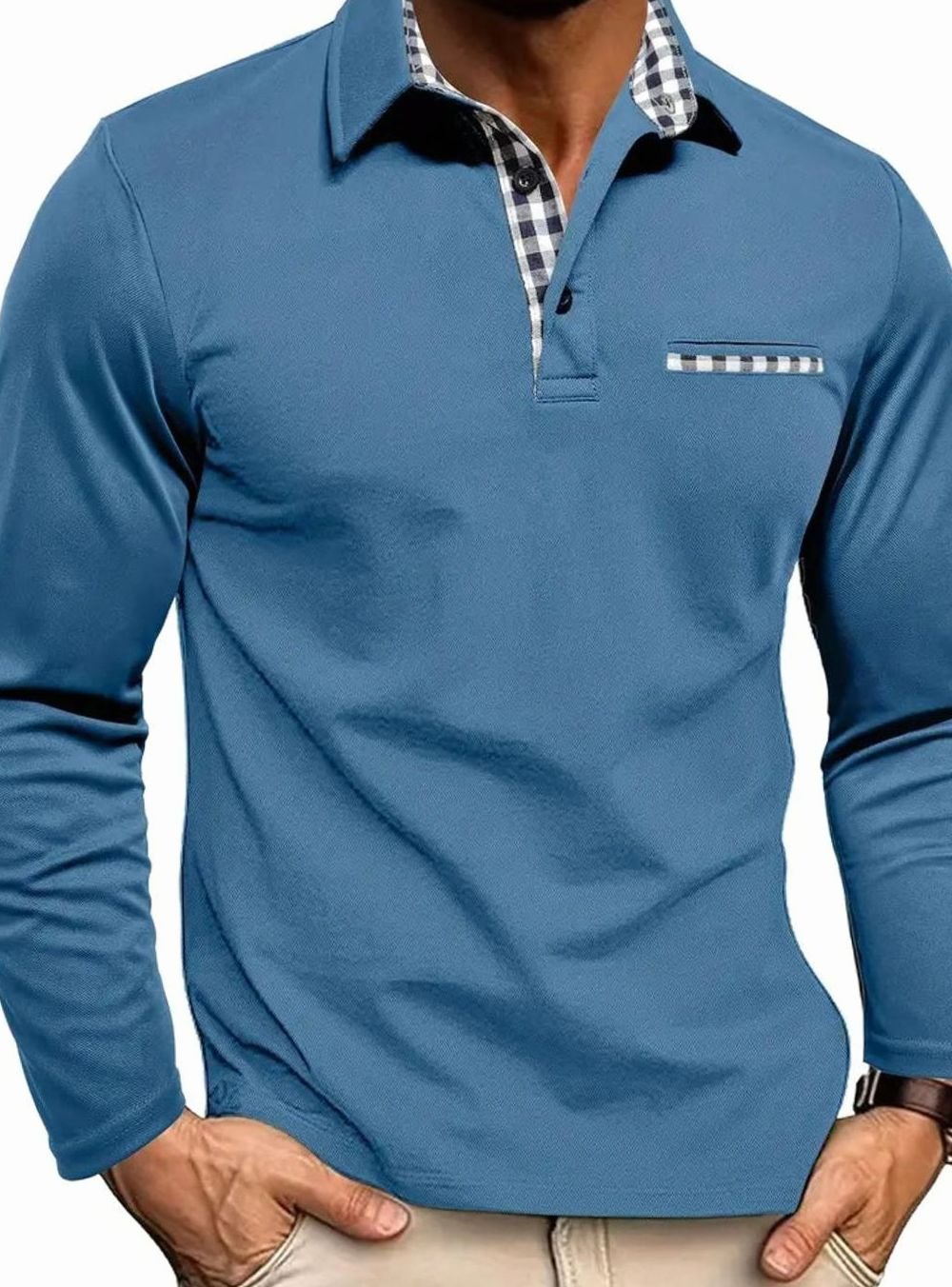 Herren Langarm Polo-Shirt Karierter Kragen Brusttasche Winter - Hellblau