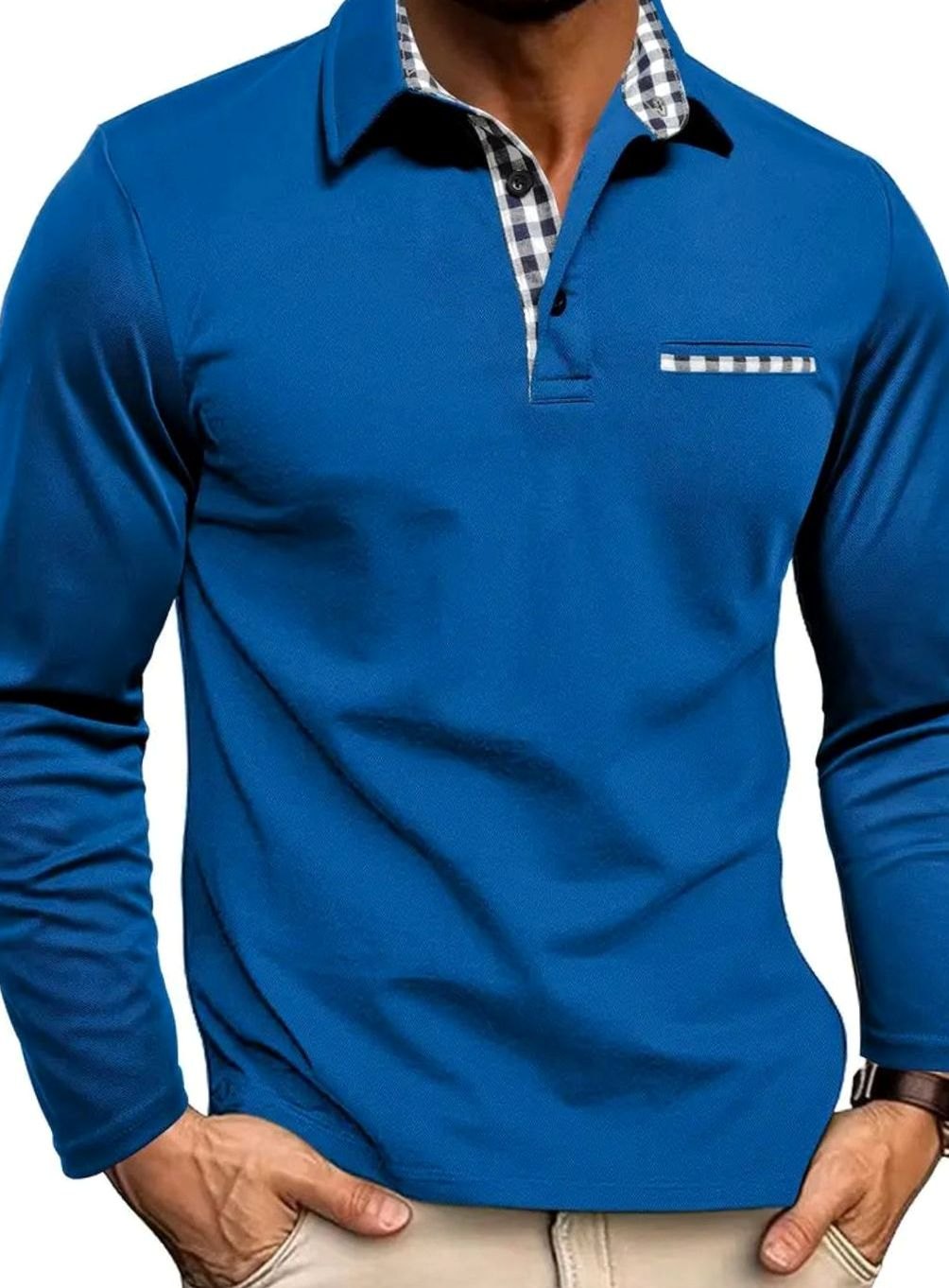 Herren Langarm Polo-Shirt Karierter Kragen Brusttasche Winter - Blau