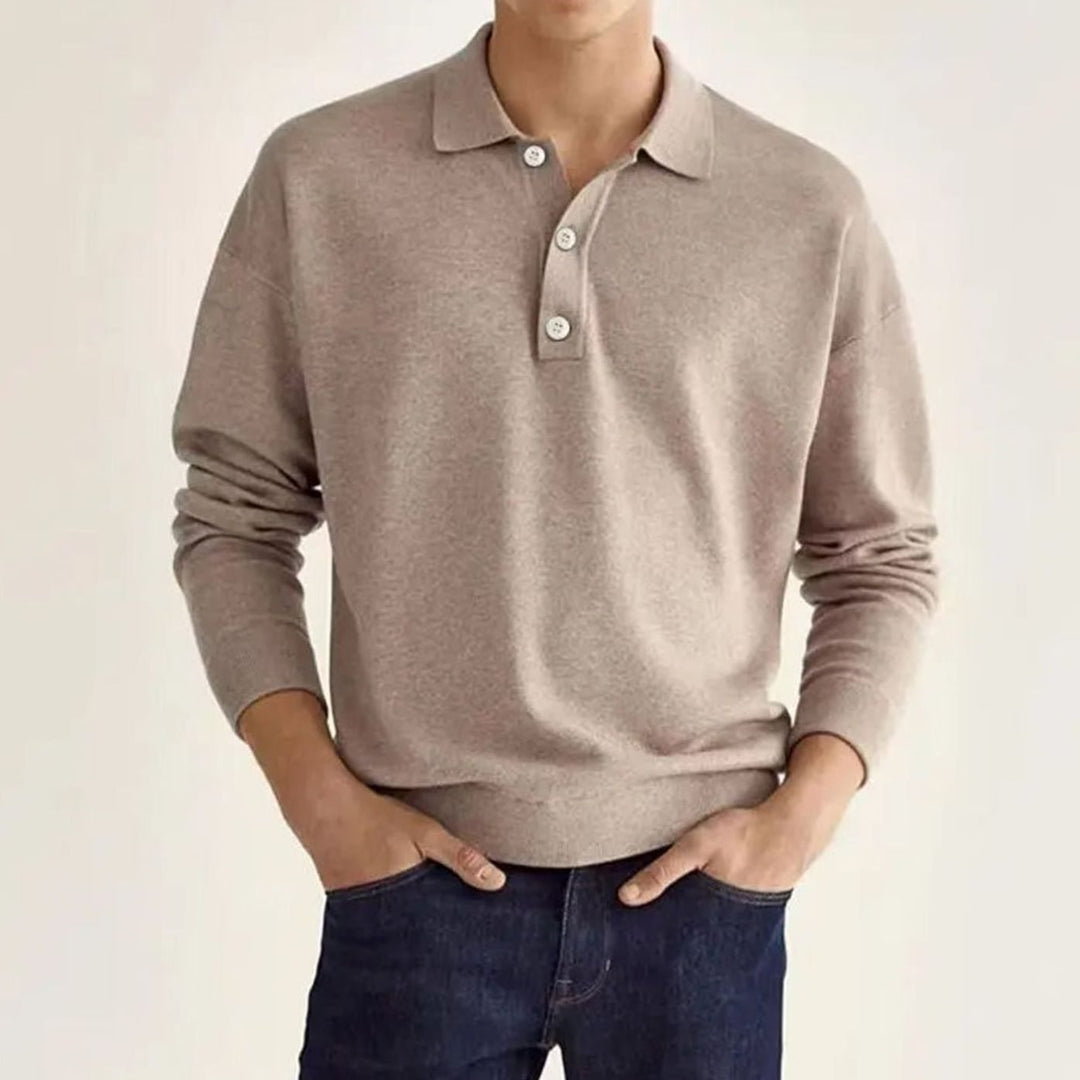 Herren Langarm-Poloshirt mit klassischem Polo-Kragen Strickoptik - Khaki