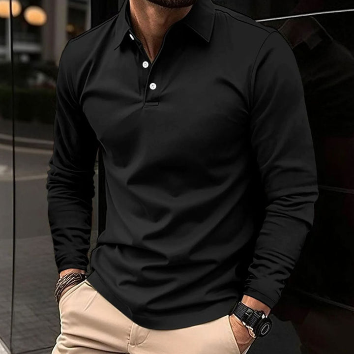 Herren Langarm-Poloshirt schmale Passform Hemdkragen - Schwarz