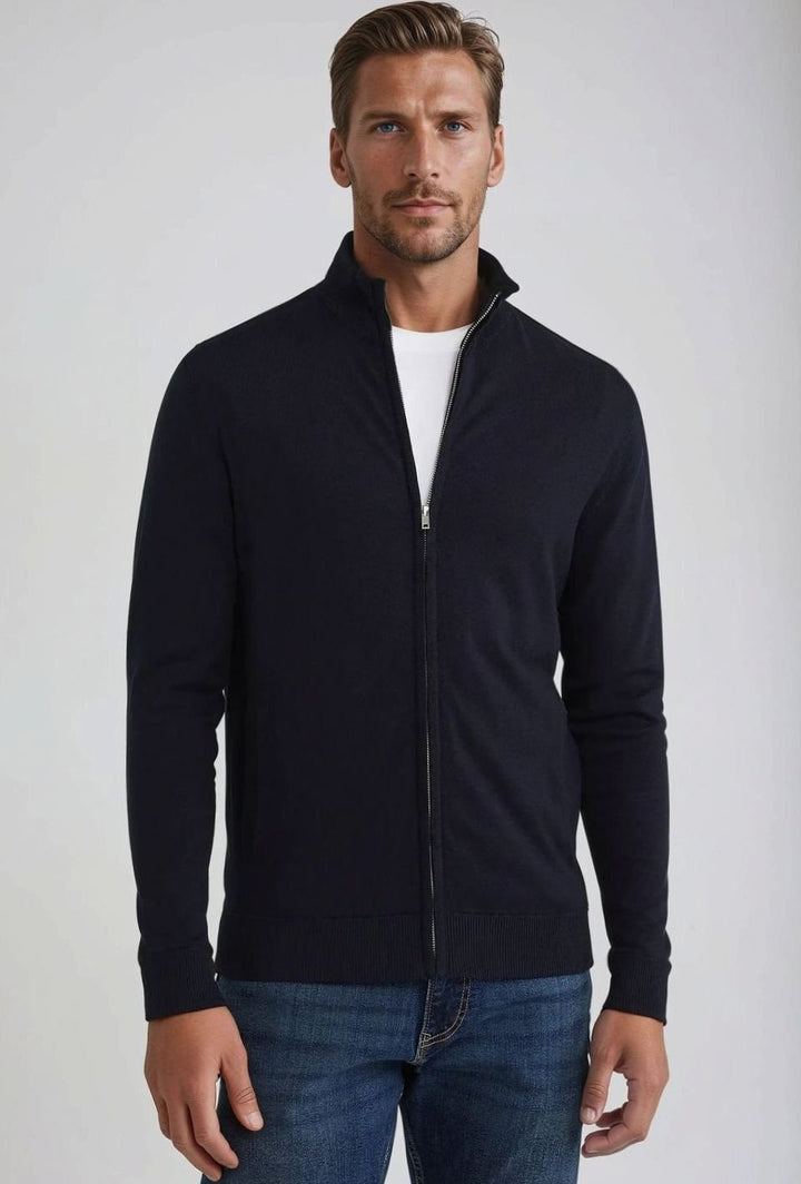 Herren Langarm Strickjacke mit Stehkragen und Reißverschluss - Marine