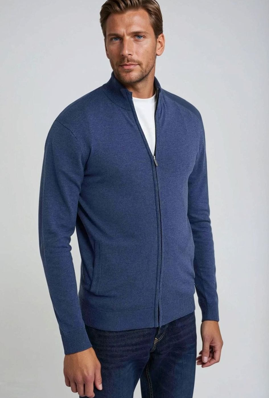 Herren Langarm Strickjacke mit Stehkragen und Reißverschluss - Blau
