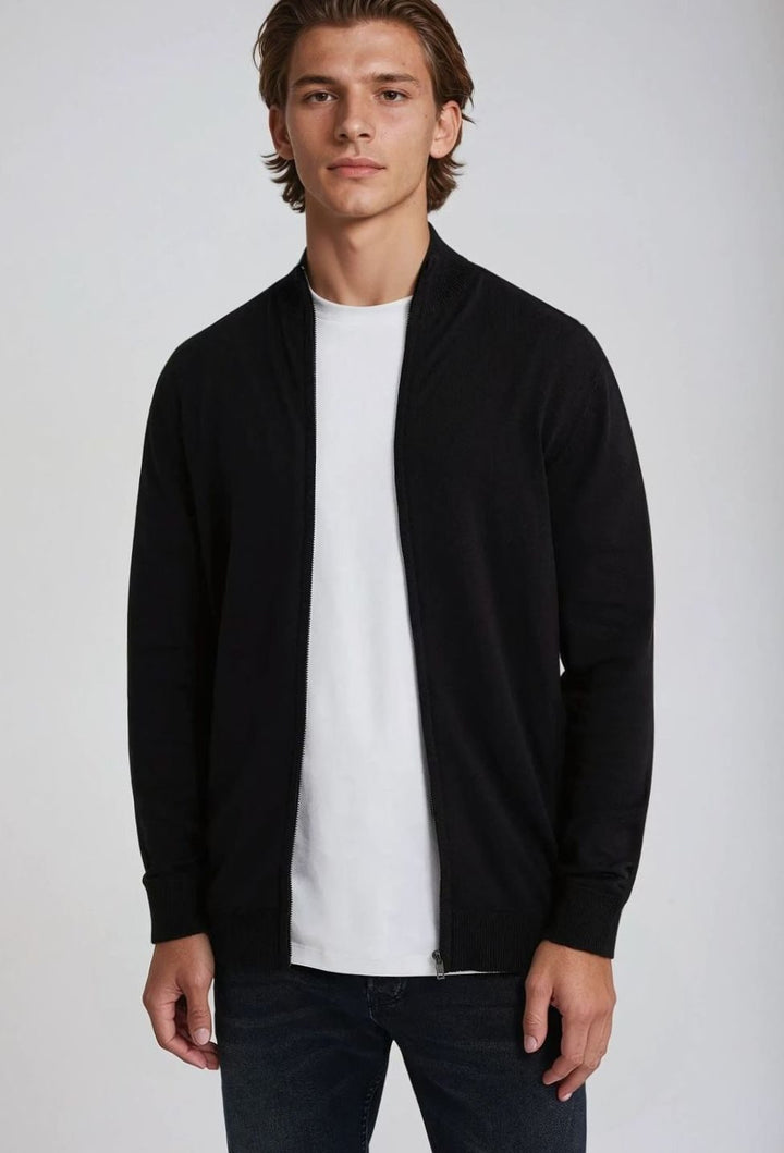 Herren Langarm Strickjacke mit Stehkragen und Reißverschluss - Schwarz