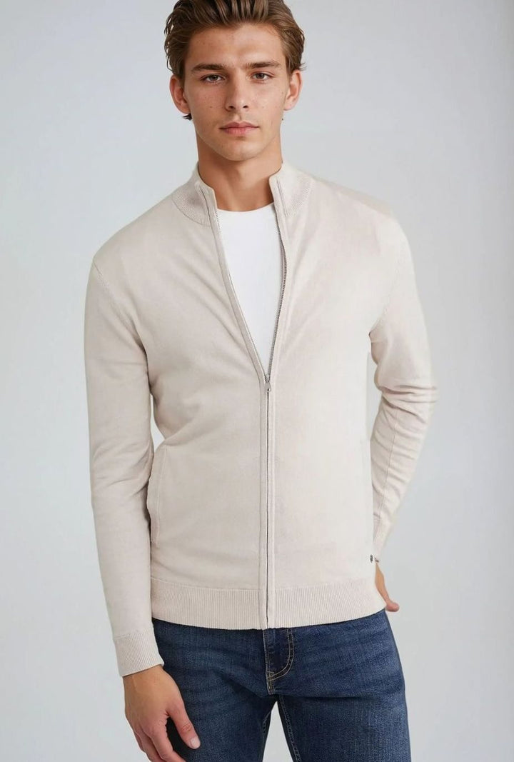 Herren Langarm Strickjacke mit Stehkragen und Reißverschluss - Beige