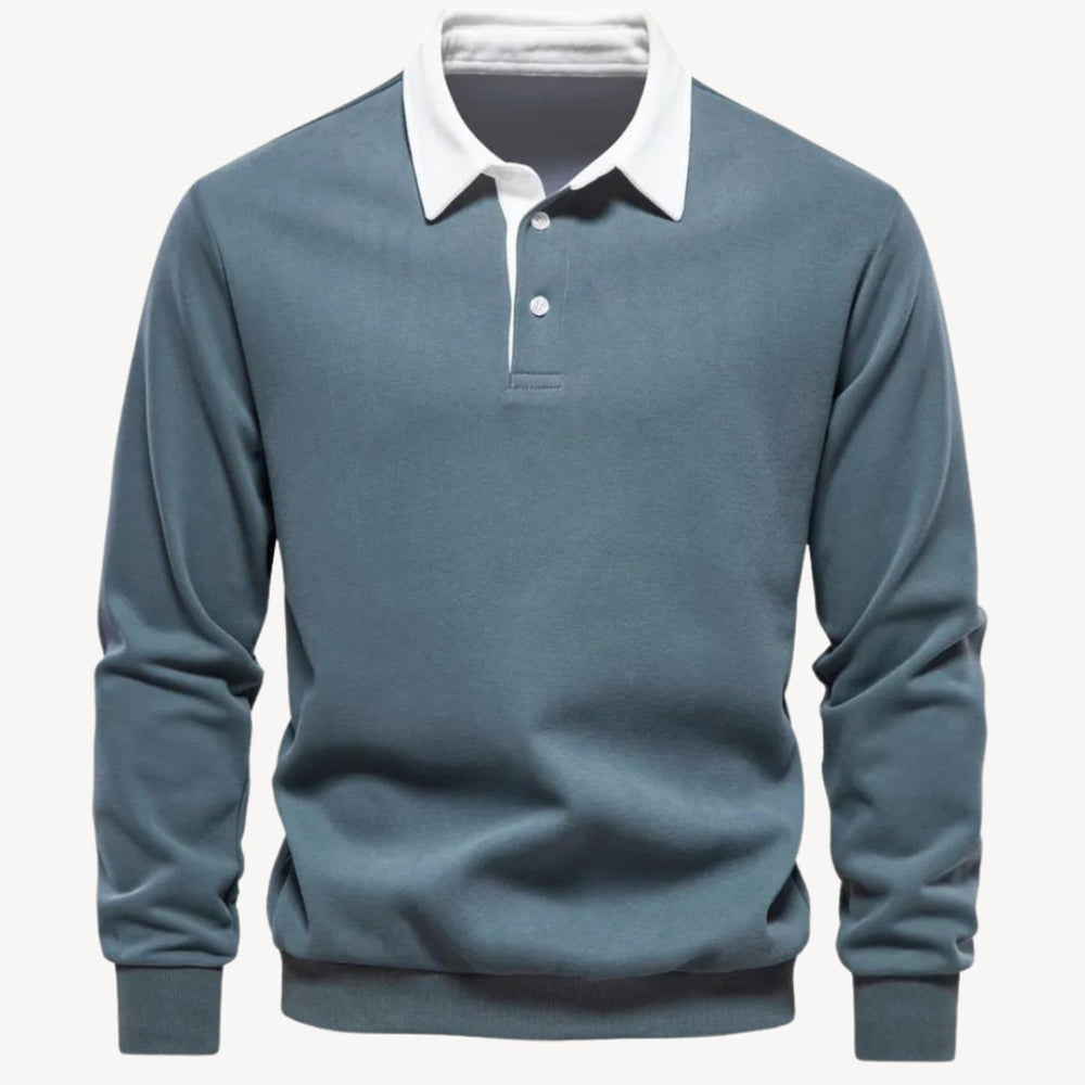 Herren Langarm-Sweatshirt mit Polokragen Kontrastkragen Knopfleiste - Grün