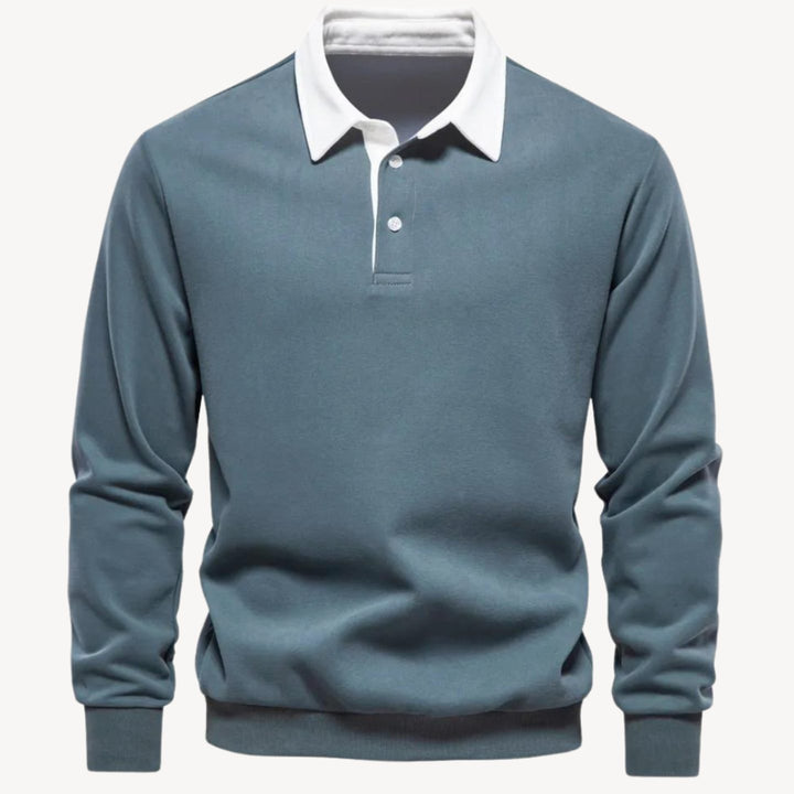 Herren Langarm-Sweatshirt mit Polokragen Kontrastkragen Knopfleiste - Grün