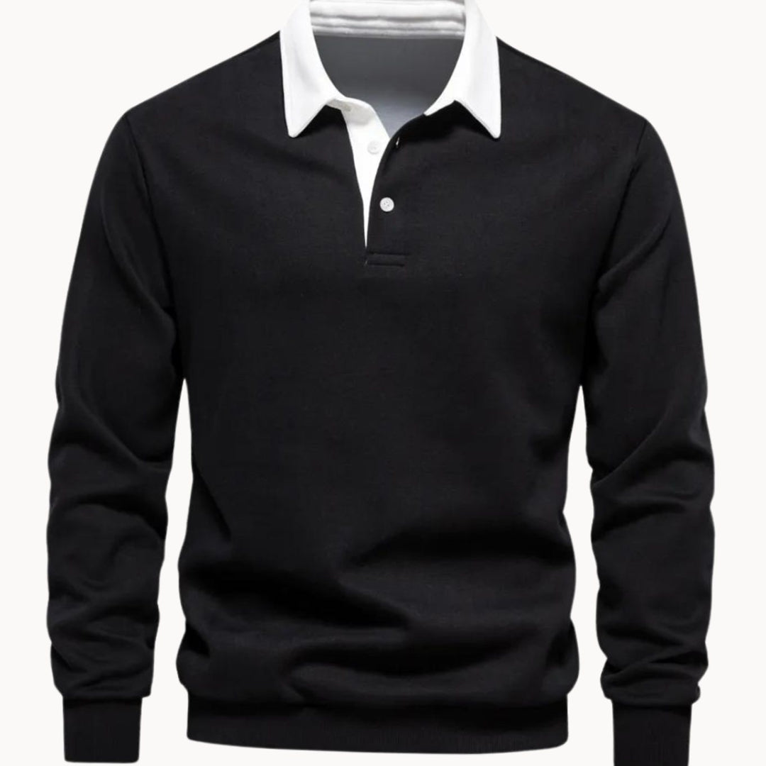 Herren Langarm-Sweatshirt mit Polokragen Kontrastkragen Knopfleiste - Schwarz