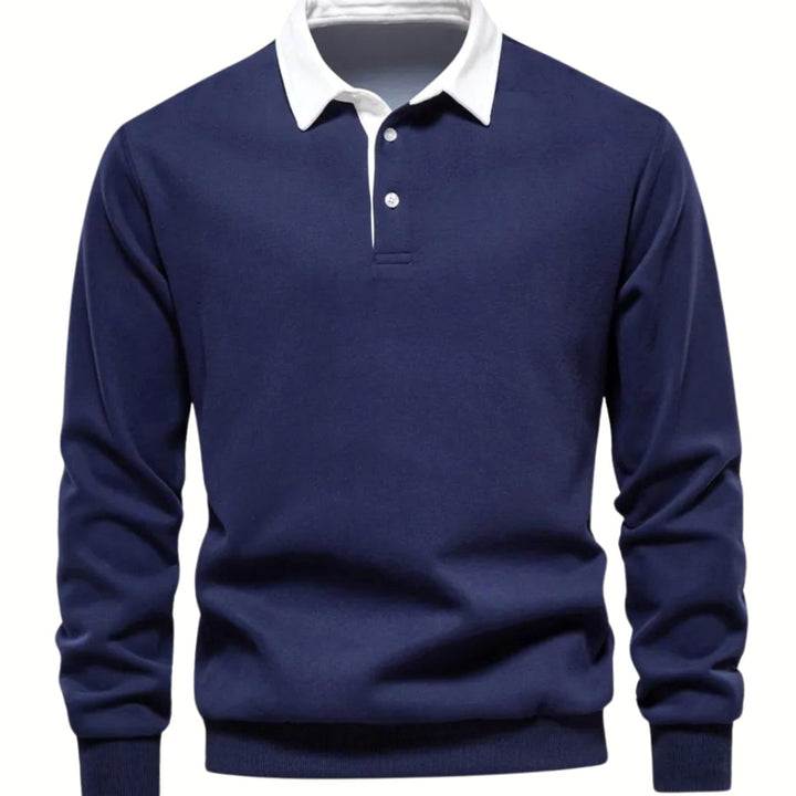 Herren Langarm-Sweatshirt mit Polokragen Kontrastkragen Knopfleiste - Marine