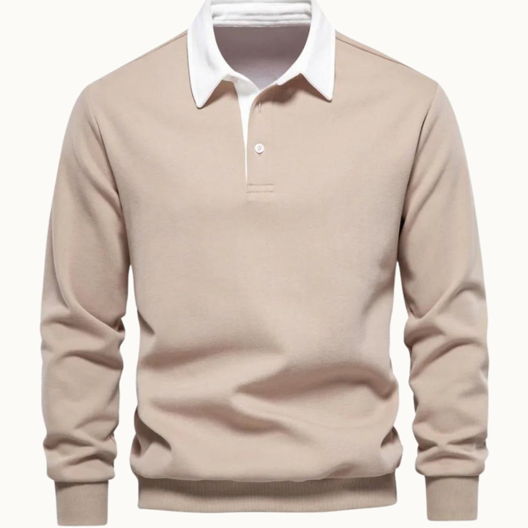 Herren Langarm-Sweatshirt mit Polokragen Kontrastkragen Knopfleiste - Khaki