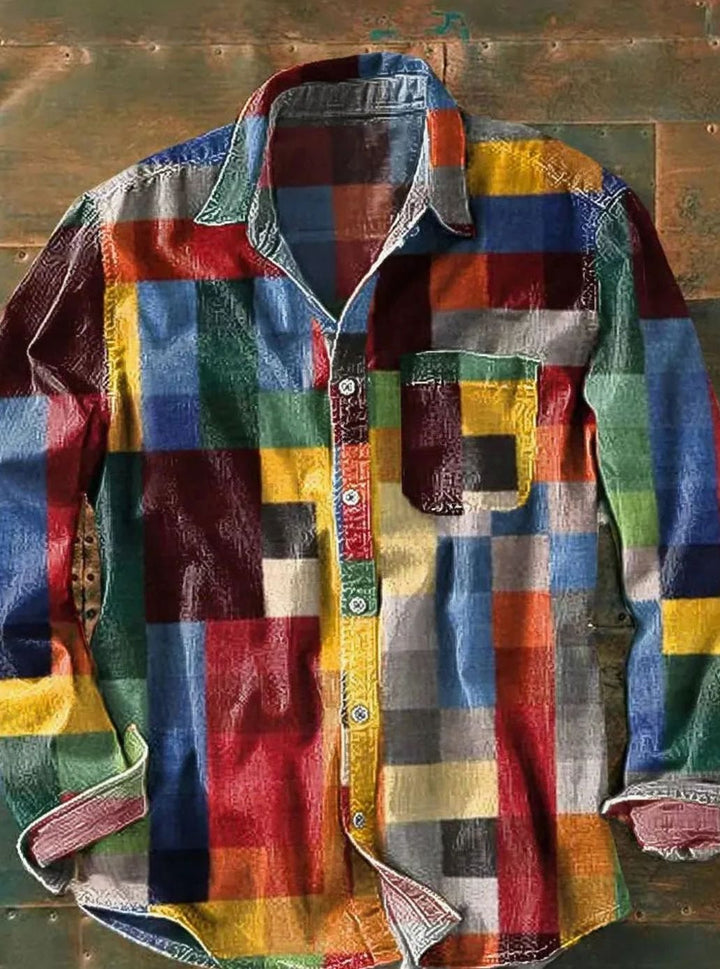 Herren Langarmhemd mit Patchwork-Design Buntes Karo-Freizeithemd - Bunt