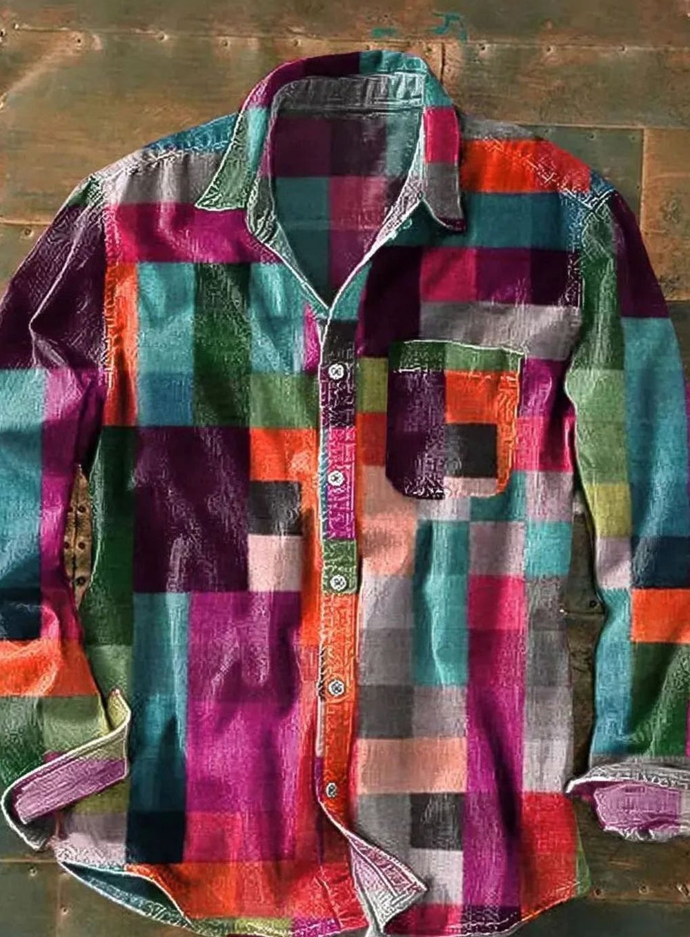 Herren Langarmhemd mit Patchwork-Design Buntes Karo-Freizeithemd - Rosa