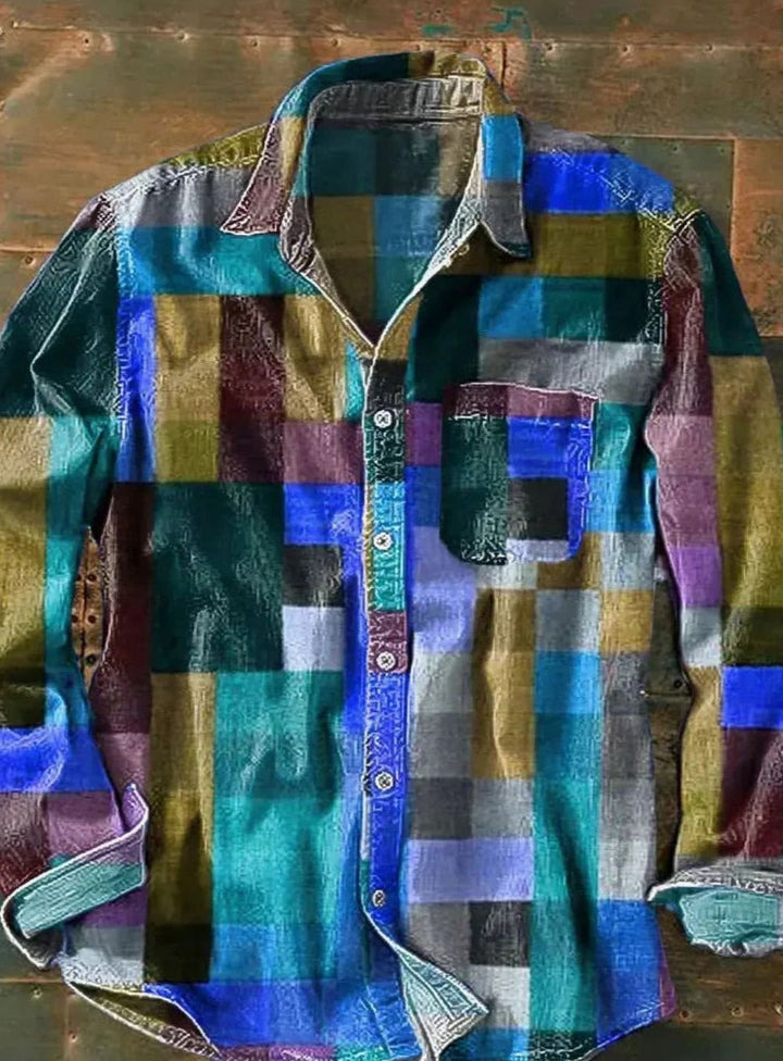 Herren Langarmhemd mit Patchwork-Design Buntes Karo-Freizeithemd - Blau