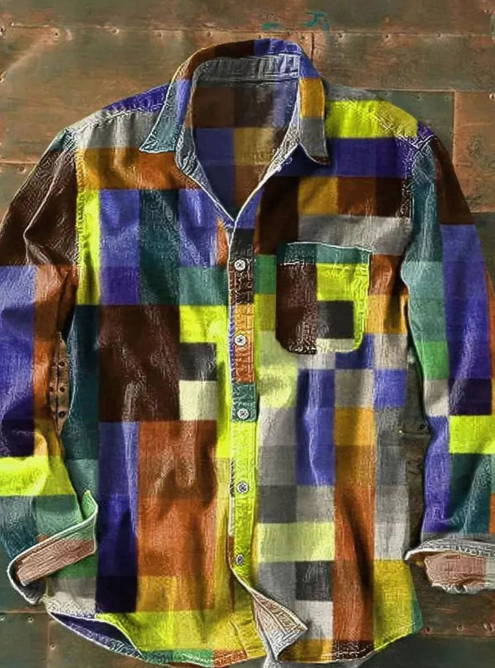 Herren Langarmhemd mit Patchwork-Design Buntes Karo-Freizeithemd - Gelb