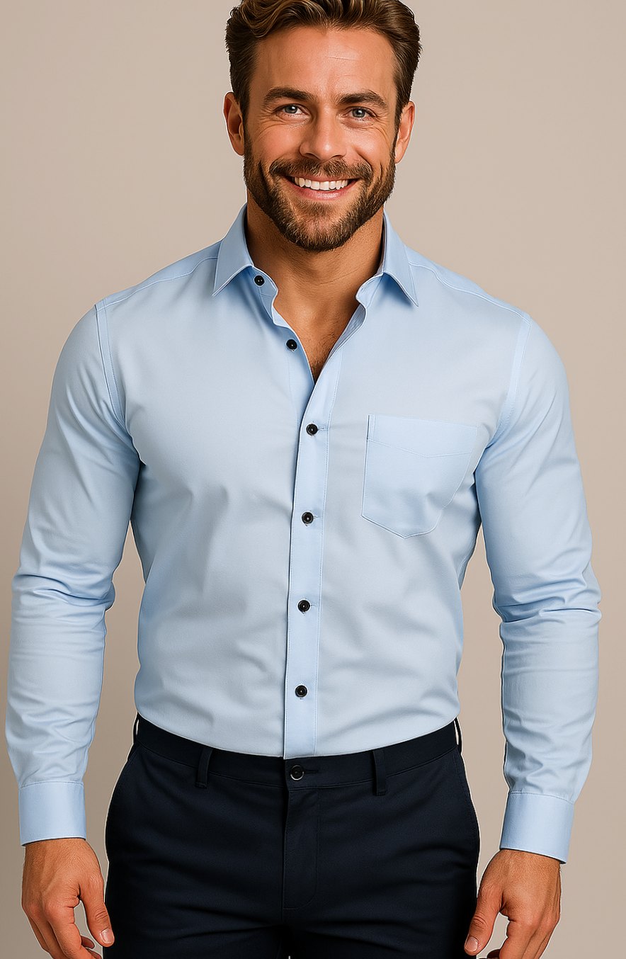 Herren Langarmhemd Tailliertem Schnitt Klassischer Kragen Brusttasche - Himmelblau