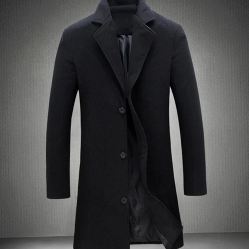 Herren Langer Taillierter Formeller Wintermantel Warm - Schwarz