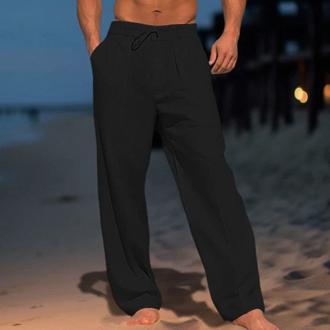 Herren Lockere Leinenhose mit Kordelzug Plissiert Frühjahr - Schwarz