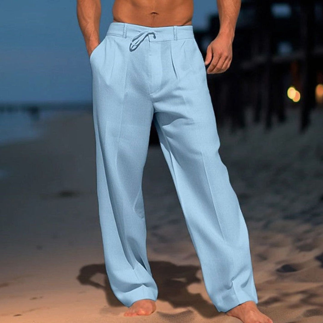 Herren Lockere Leinenhose mit Kordelzug Plissiert Frühjahr - Hellblau