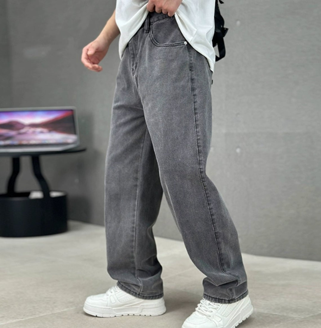 Herren Loose-Fit Jeans geradem Schnitt weites Bein Denim - Dunkelgrau