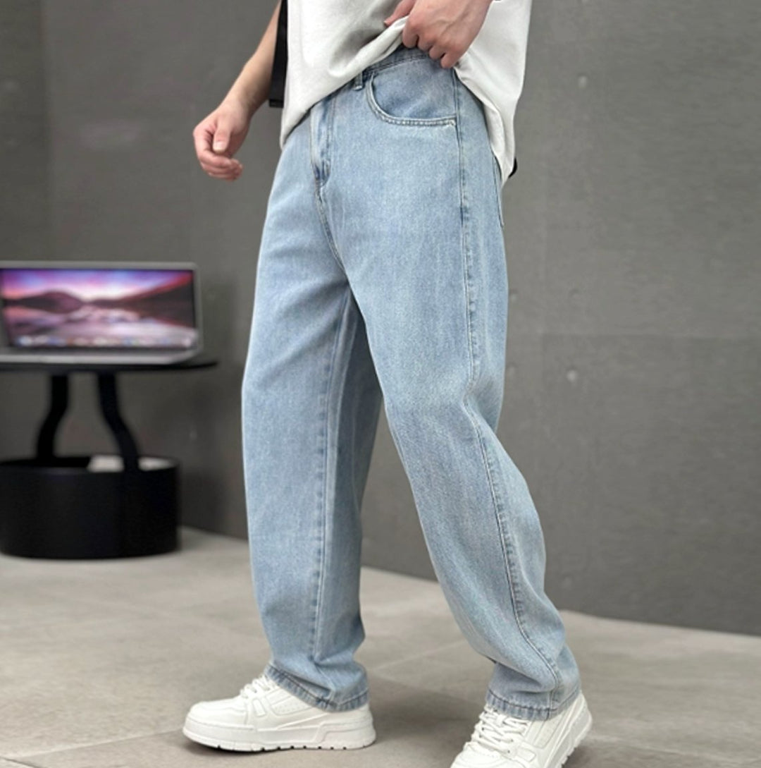 Herren Loose-Fit Jeans geradem Schnitt weites Bein Denim - Hellblau