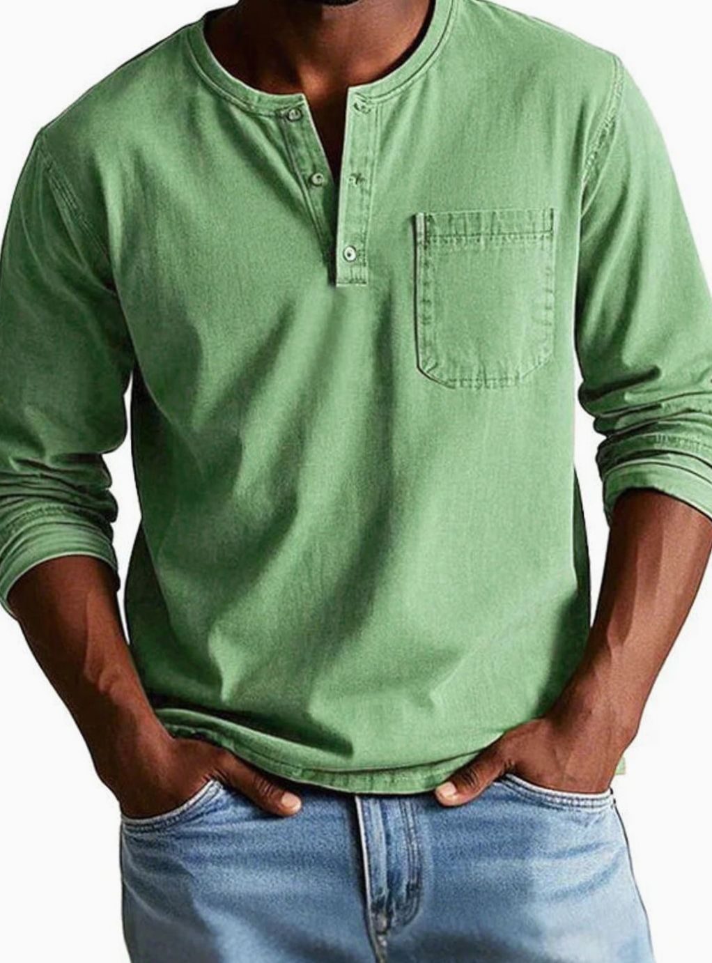 Herren Lässiges Langarm-Henleyshirt mit Brusttasche - Grün