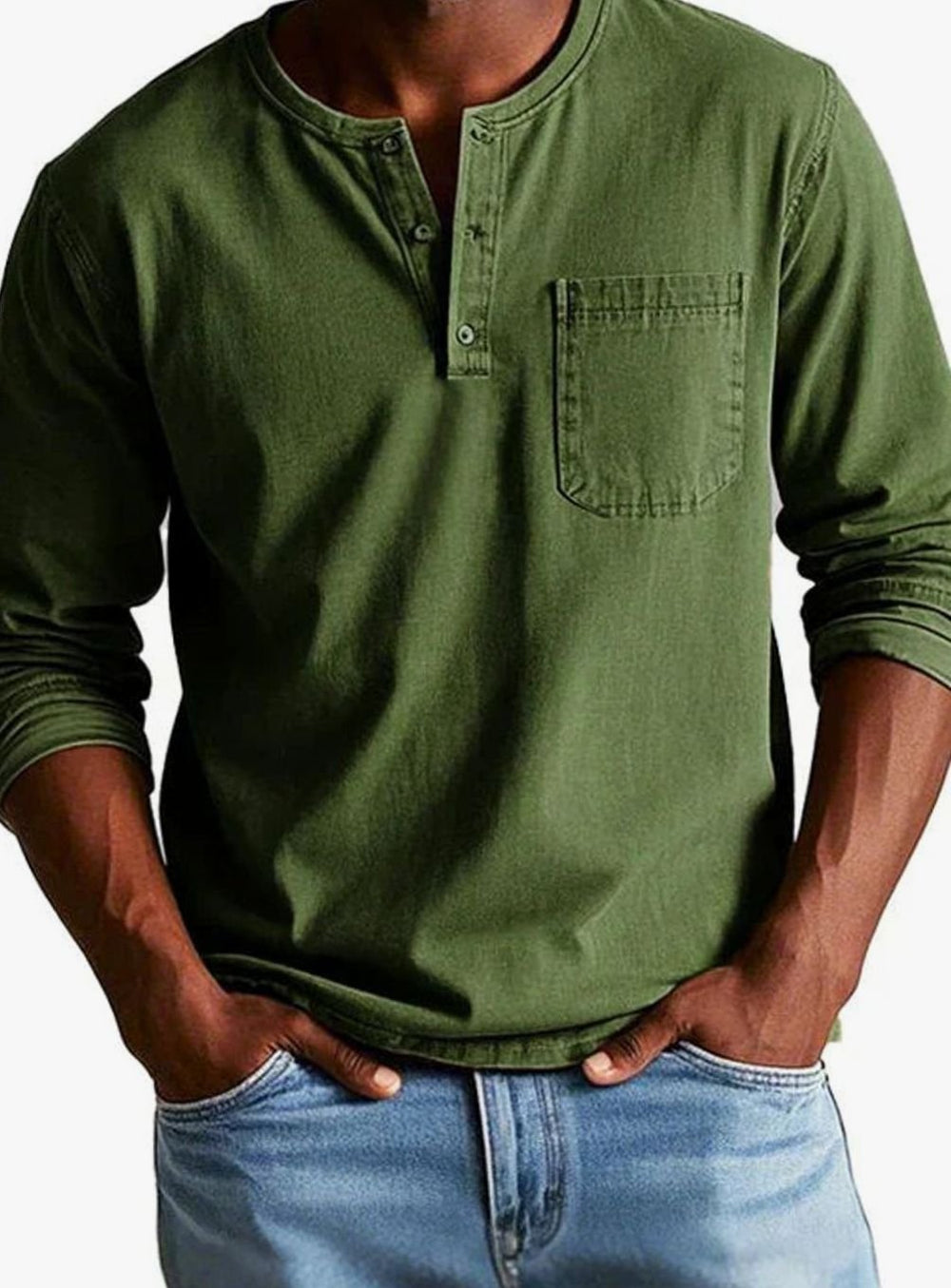Herren Lässiges Langarm-Henleyshirt mit Brusttasche - Armeegrün