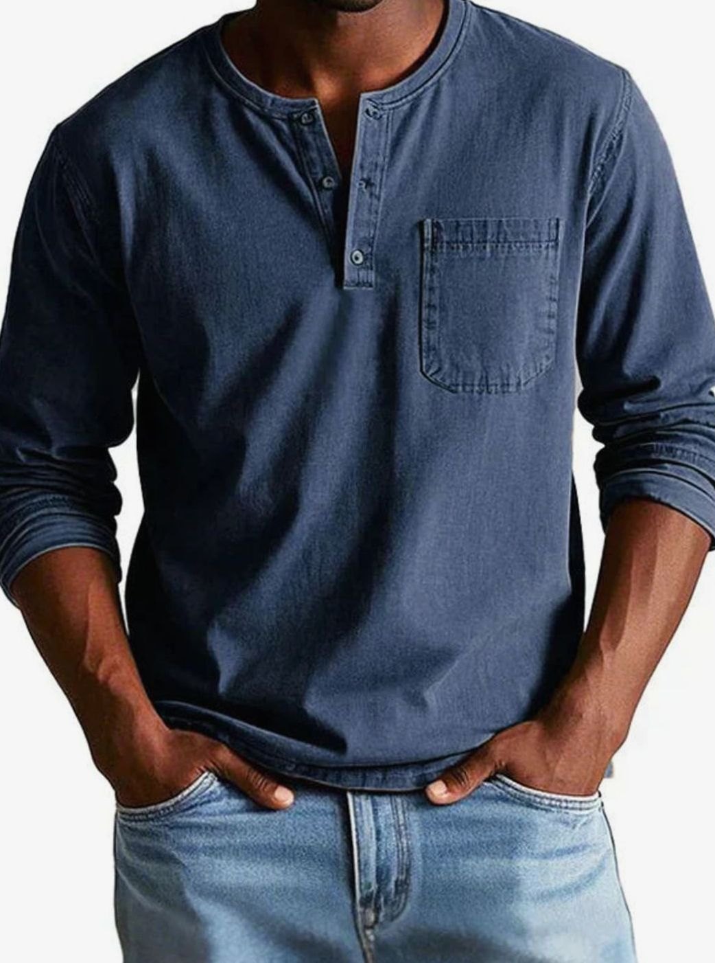 Herren Lässiges Langarm-Henleyshirt mit Brusttasche - Marineblau