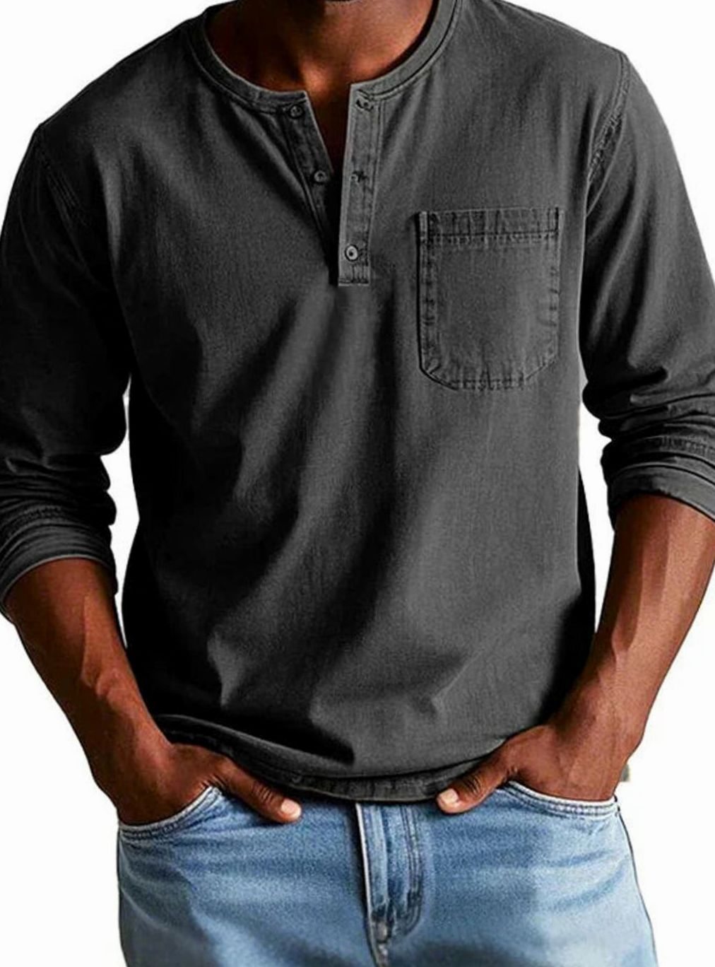 Herren Lässiges Langarm-Henleyshirt mit Brusttasche - Schwarz