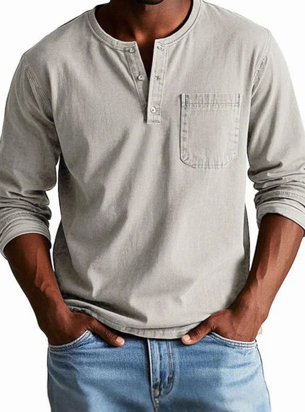 Herren Lässiges Langarm-Henleyshirt mit Brusttasche - Beige