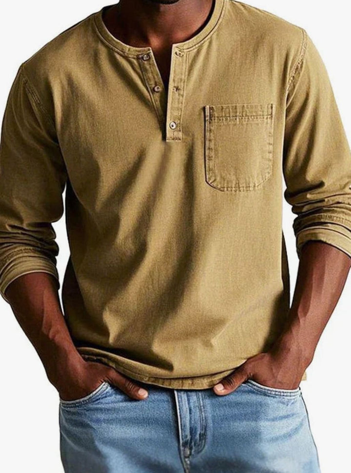 Herren Lässiges Langarm-Henleyshirt mit Brusttasche - Khaki