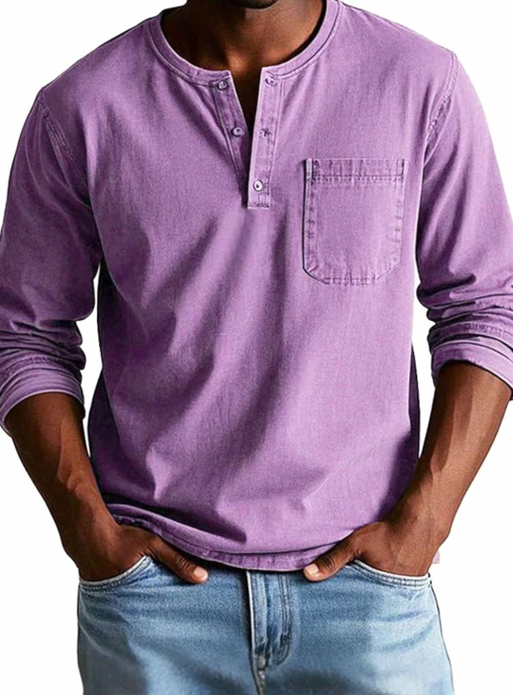 Herren Lässiges Langarm-Henleyshirt mit Brusttasche - Lila