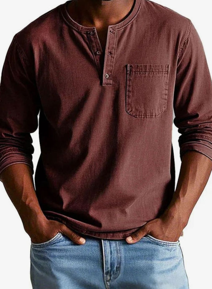 Herren Lässiges Langarm-Henleyshirt mit Brusttasche - Rot