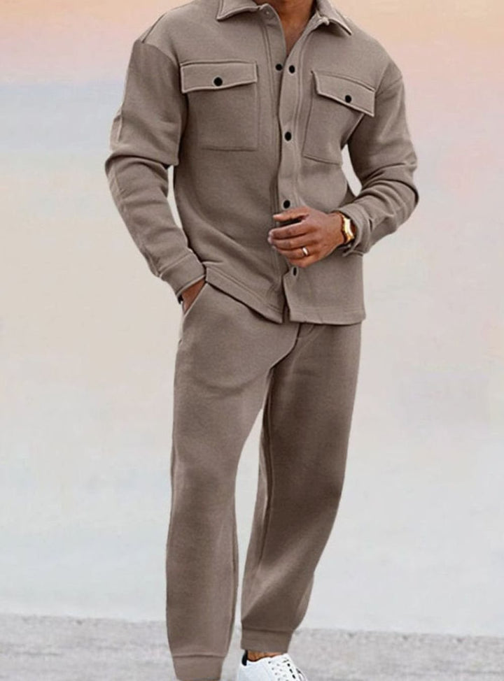 Herren Lässiges zweiteiliges Outfit-Set Knopfhemd Jogginghose - Khaki