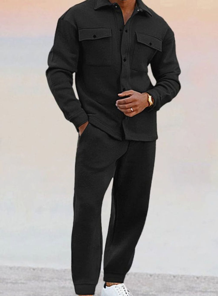 Herren Lässiges zweiteiliges Outfit-Set Knopfhemd Jogginghose - Schwarz