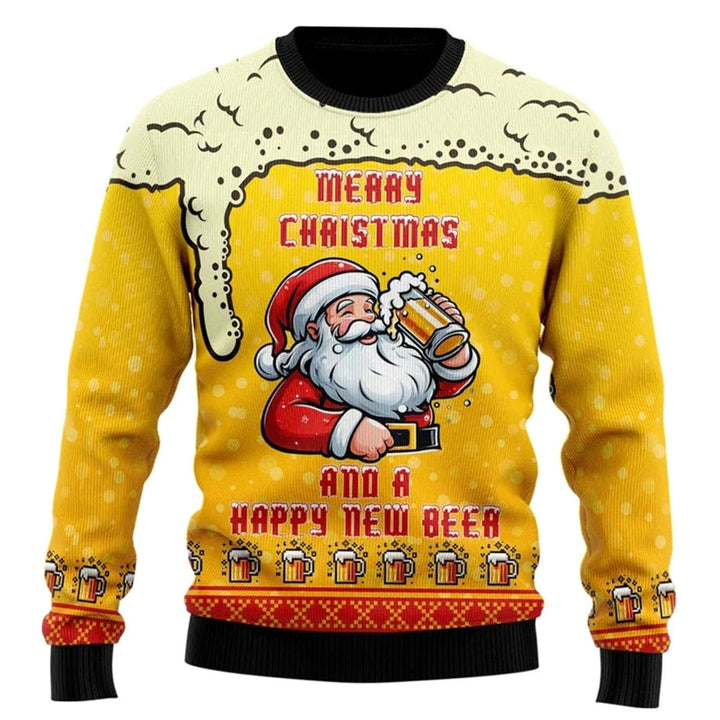 Herren Lustiger Bier-Weihnachtspullover Rundhals Motiv-Strickpullover - Gelb