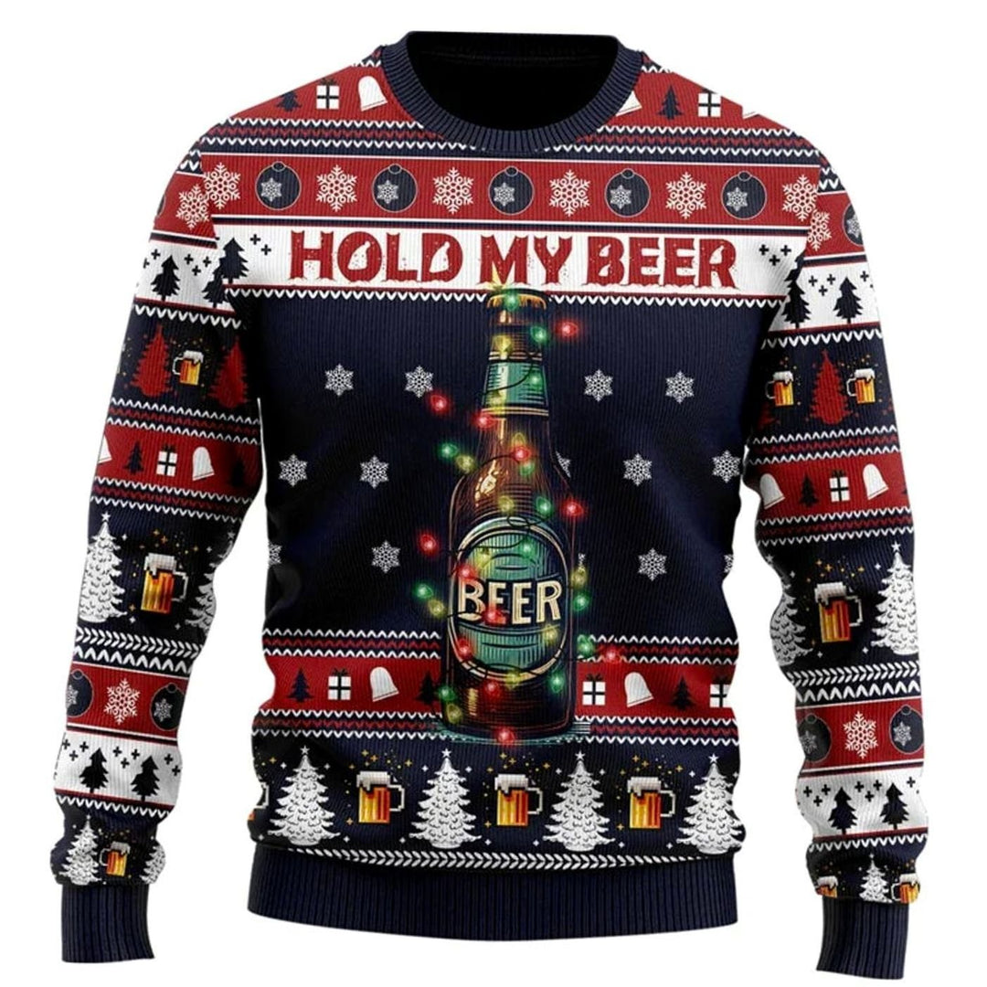 Herren Lustiger Bier-Weihnachtspullover Rundhals Motiv-Strickpullover - Mehrfarbig / Bier Druck