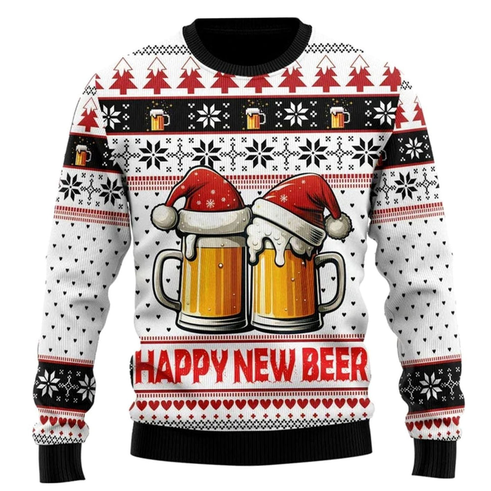 Herren Lustiger Bier-Weihnachtspullover Rundhals Motiv-Strickpullover - Weiß