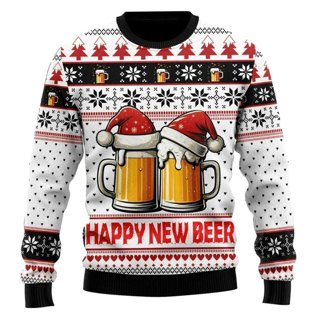 Herren Lustiger Bier-Weihnachtspullover Rundhals Motiv-Strickpullover - Weiß