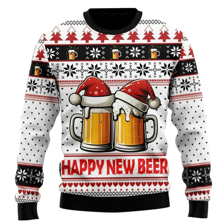 Herren Lustiger Bier-Weihnachtspullover Rundhals Motiv-Strickpullover - Weiß